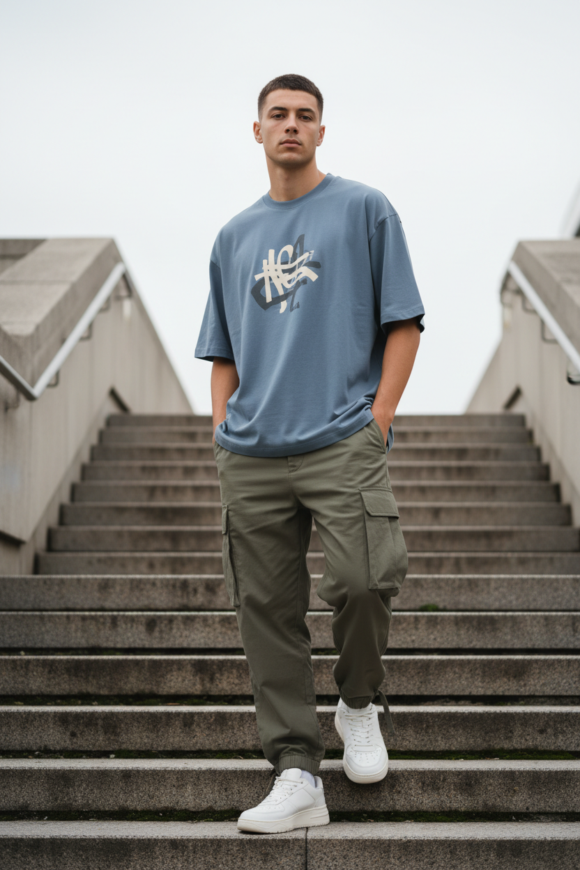 Men's Dusty Blue Graphic Oversized T-Shirt